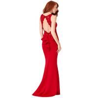 Open Back Lace Maxi Dress with Frill Detail - Red