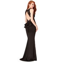 Open Back Lace Maxi Dress with Frill Detail - Black
