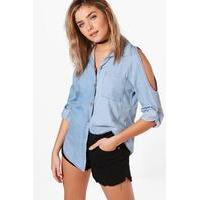 Open Shoulder Denim Shirt - blue