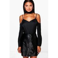 open shoulder choker neck strap blouse black