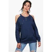 Open Shoulder Distressed Sweatshirt - navy