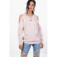 open shoulder distressed sweatshirt pink