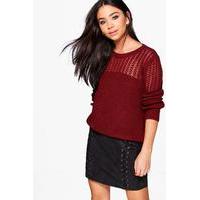 Open Knit Crew Neck Jumper - wine