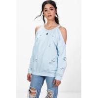 Open Shoulder Distressed Sweatshirt - blue