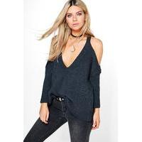 Open Shoulder Step Hem Jumper - smoke