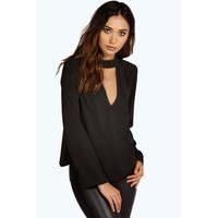 Open Back Detail Long Sleeve Blouse - black