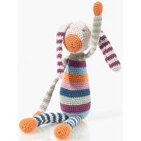 organic knitted bunny toy rattle multi coloured stripe