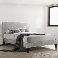 Orbit Fabric Double Bed In Ice Crushed Velvet With Wooden Legs