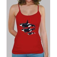 orca woman, suspenders, red