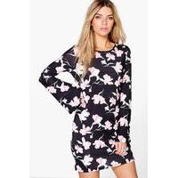 Oriental Floral Bell Sleeve Shift Dress - black