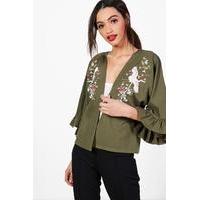 Oriental Embroidered Ruffle Sleeve Jacket - khaki