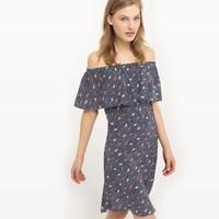 Origami Printed Dress with Bare Shoulders