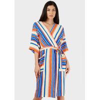 orange and blue stripe v neck wrap dress