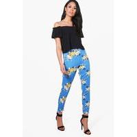 Oriental Floral Stretch Skinny Trousers - cobalt