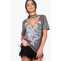 Oriental Lace Up Choker T-Shirt - grey