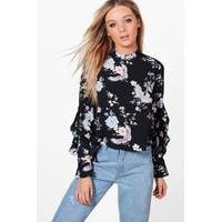 oriental print ruffle sleeve blouse black