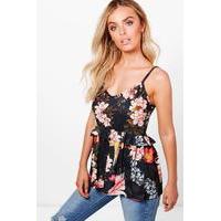 oriental print ruffle peplum cami black