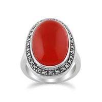 Orange Carnelian Sparkling Marcasite Oval Ring in 925 Sterling Silver