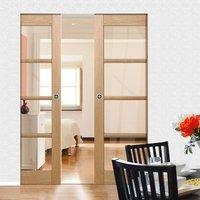 Oslo 4 Light Oak Syntesis Double Pocket Door with Clear Flat Safety Glass is Pre-finished