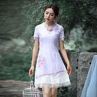 Our Story Going out Vintage Sheath DressEmbroidered Round Neck Above Knee Short Sleeve Purple Polyester Summer