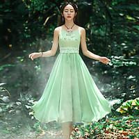 Our Story Going out Vintage Sheath DressEmbroidered Strap Knee-length Sleeveless Green Polyester Summer