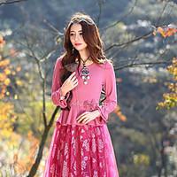 Our Story Going out Vintage Spring / Fall T-shirtEmbroidered Round Neck Long Sleeve Pink Rayon / Polyester