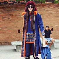 Our Story Women\'s Casual/Daily Boho CoatEmbroidered Hooded Long Sleeve Winter Blue Wool / Polyester