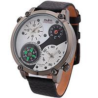 Oulm Men\'s Wrist watch Compass Thermometer Dual Time Zones Quartz Genuine Leather Band Cool Casual Black