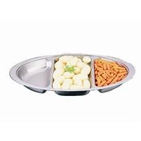 Oval Banqueting Dish - Three Division 20\" diameter. Stainless steel.