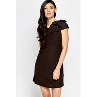 overlay encrusted shoulder shift dress