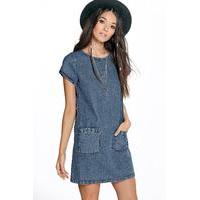 Oversized Pocket Front Denim Dress - blue