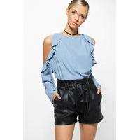 oversized ruffle woven cold shoulder top blue