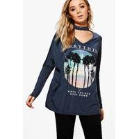 Oversized Choker Printed Tee - slate