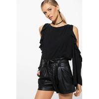Oversized Ruffle Woven Cold Shoulder Top - black