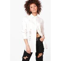 Oversize Distressed Denim Shirt - white