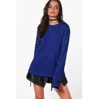 Oversized Eyelet Sleeve Sweatshirt - cobalt