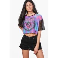 oversized printed mesh crop top black