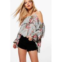 Oversized Floral Ruffle Woven Top - grey