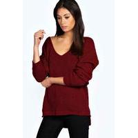 Oversized V Neck Jumper - wine