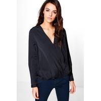 Oversized Wrapover Woven Blouse - black