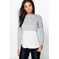 Oversized Long Sleeve Knitted Panel T-Shirt - grey marl