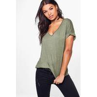 Oversized V Neck Tee - khaki