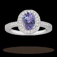 oval tanzanite and diamond ring in 9 carat white gold