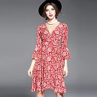 oycp womens flare sleeve going out cute swing dressfloral v neck knee  ...