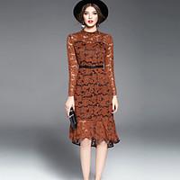 oycp womens work party vintage lace dress solid stand midi long sleeve ...