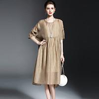 oycp womens going out simple loose dresssolid round neck midi length s ...