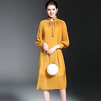 OYCP Women\'s Going out Cute Loose DressSolid Stand Midi Long Sleeve Rayon Polyester Spring Summer Mid Rise Micro-elastic Medium