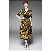 OYCP Women\'s Daily Sheath DressPrint V-neck Midi Length Sleeve Polyester Summer High Rise Micro-elastic Thin