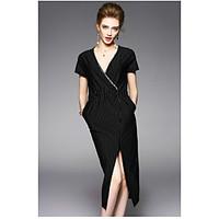 OYCP Women\'s Daily Sheath DressStriped V Neck Midi Short Sleeve Polyester Summer High Rise Micro-elastic Thin