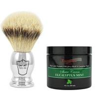 Parker Luxury Silvertip Badger Hair Shaving Brush with Chrome Plated Handle and Stand Plus Taconic Shave Eucalyptus Mint Shaving Cream with Organic Oi